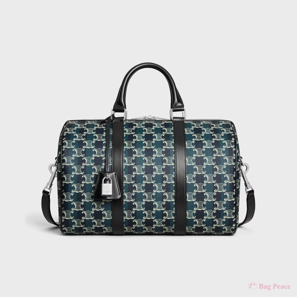 Celine Large Boston In Striped Triomphe Canvas And Calfskin, Black/navy Blue